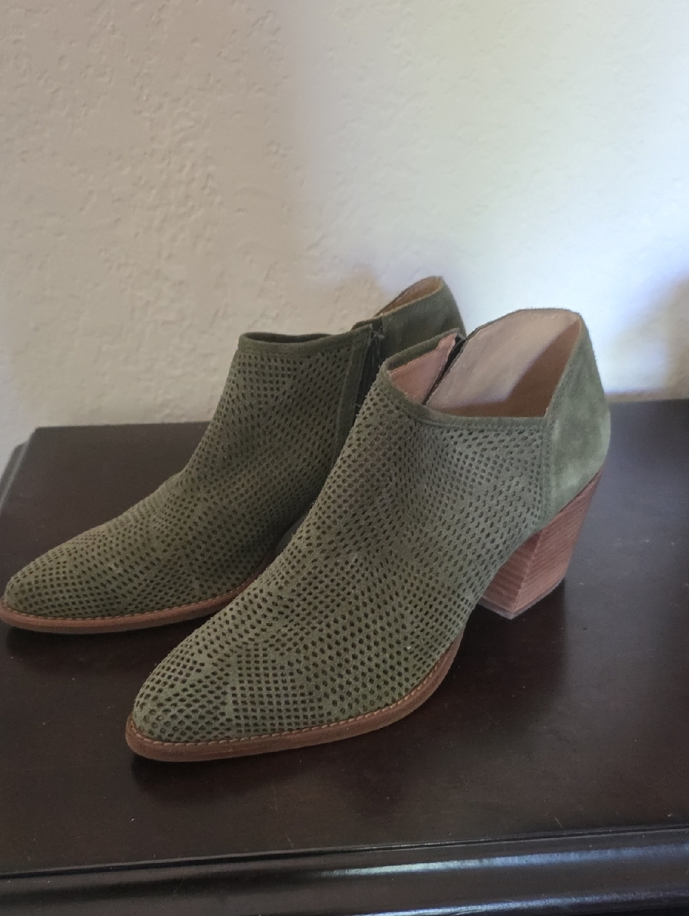 Lucky Brand Olive Green Perforated Suede Ankle Booties